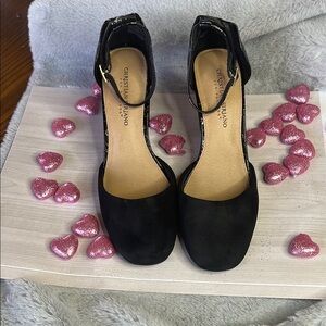 Christian Siriano Black Heels with Pointed Toe and Ankle Strap